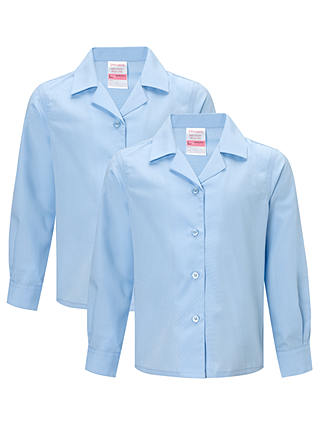 John Lewis & Partners Girls' Non-Iron Long Sleeve Open Neck School Blouse, Pack of 2, Blue