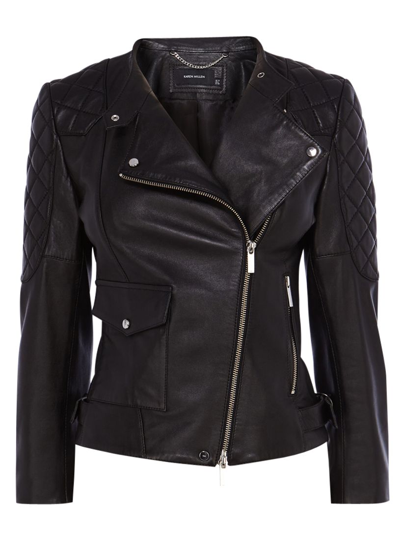 Karen Millen Leather Quilted Sleeve Biker Jacket, Black