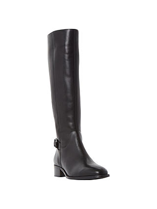 Dune Vinny Side Zip Buckle Detail Riding Boot, Black Leather