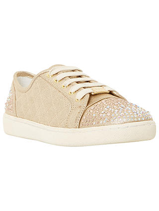 Dune Edgeware Mixed Material Round Toe Trainer, Gold Embellished