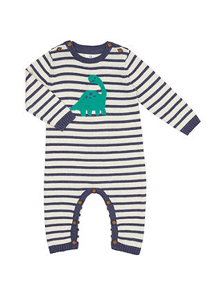 John Lewis & Partners Baby Striped Dinosaur Romper Playsuit, Blue/Cream