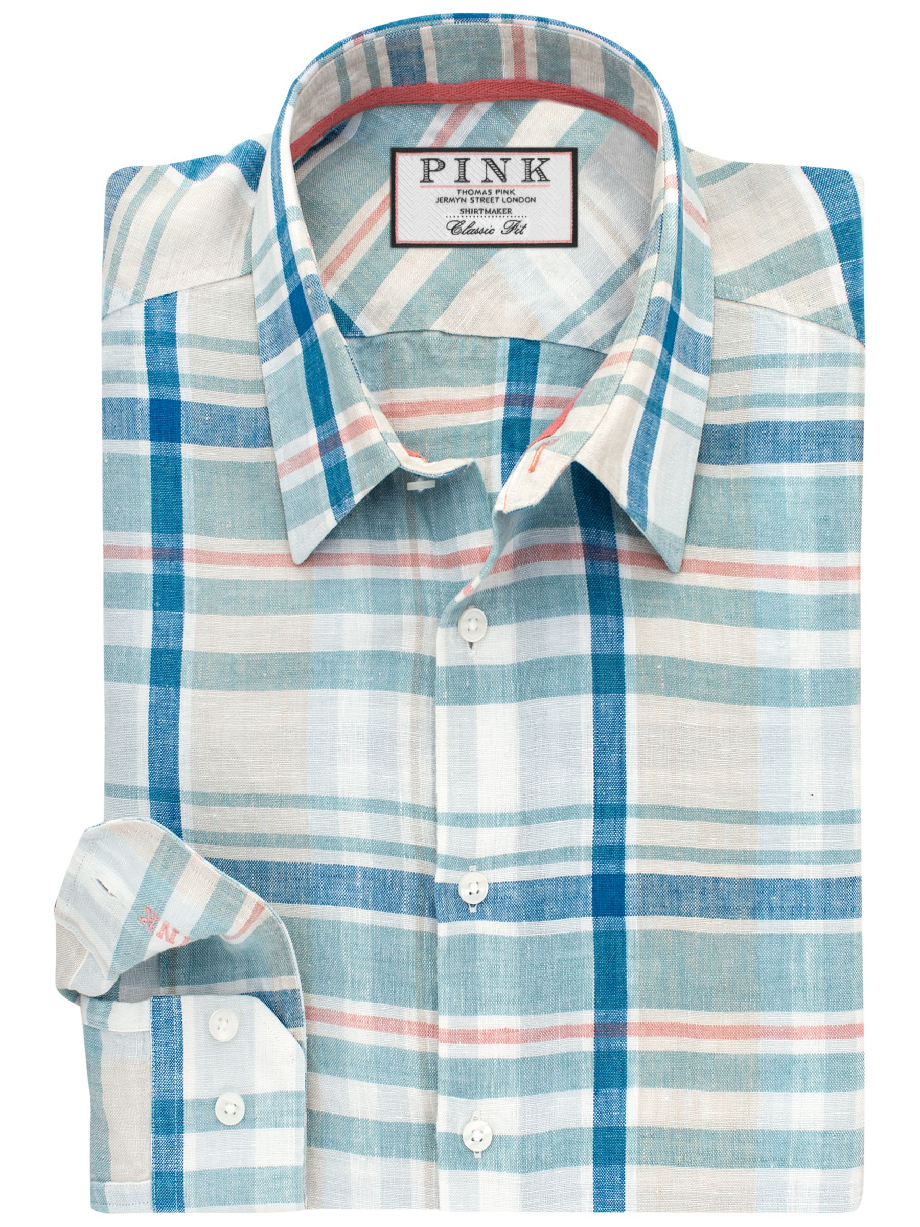 Thomas Pink Axten Check Classic Fit Linen Shirt, Stone/Green
