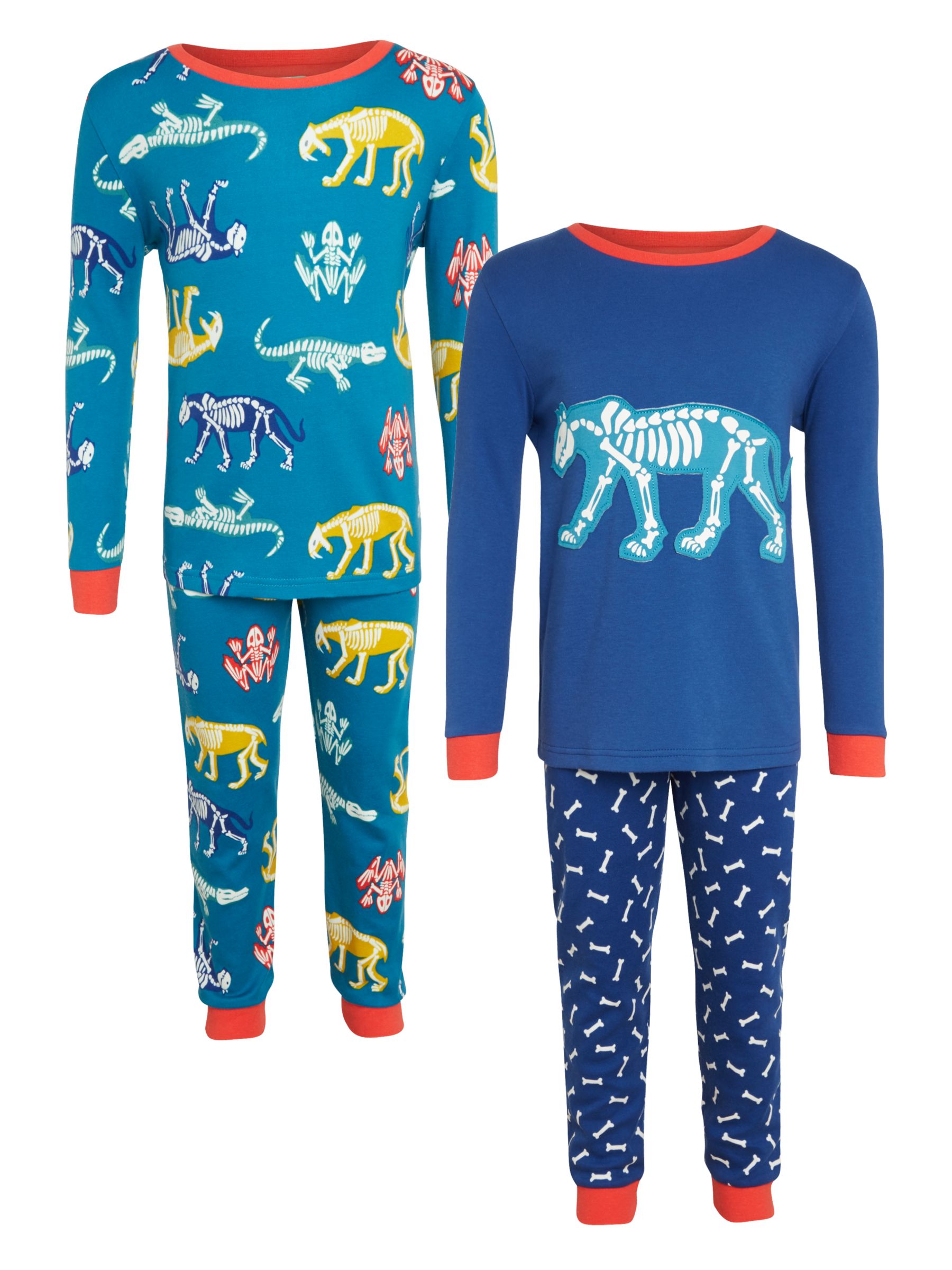John Lewis & Partners Children's Glow In The Dark Animal Skeleton Pyjamas, Pack of 2, Blue/Multi