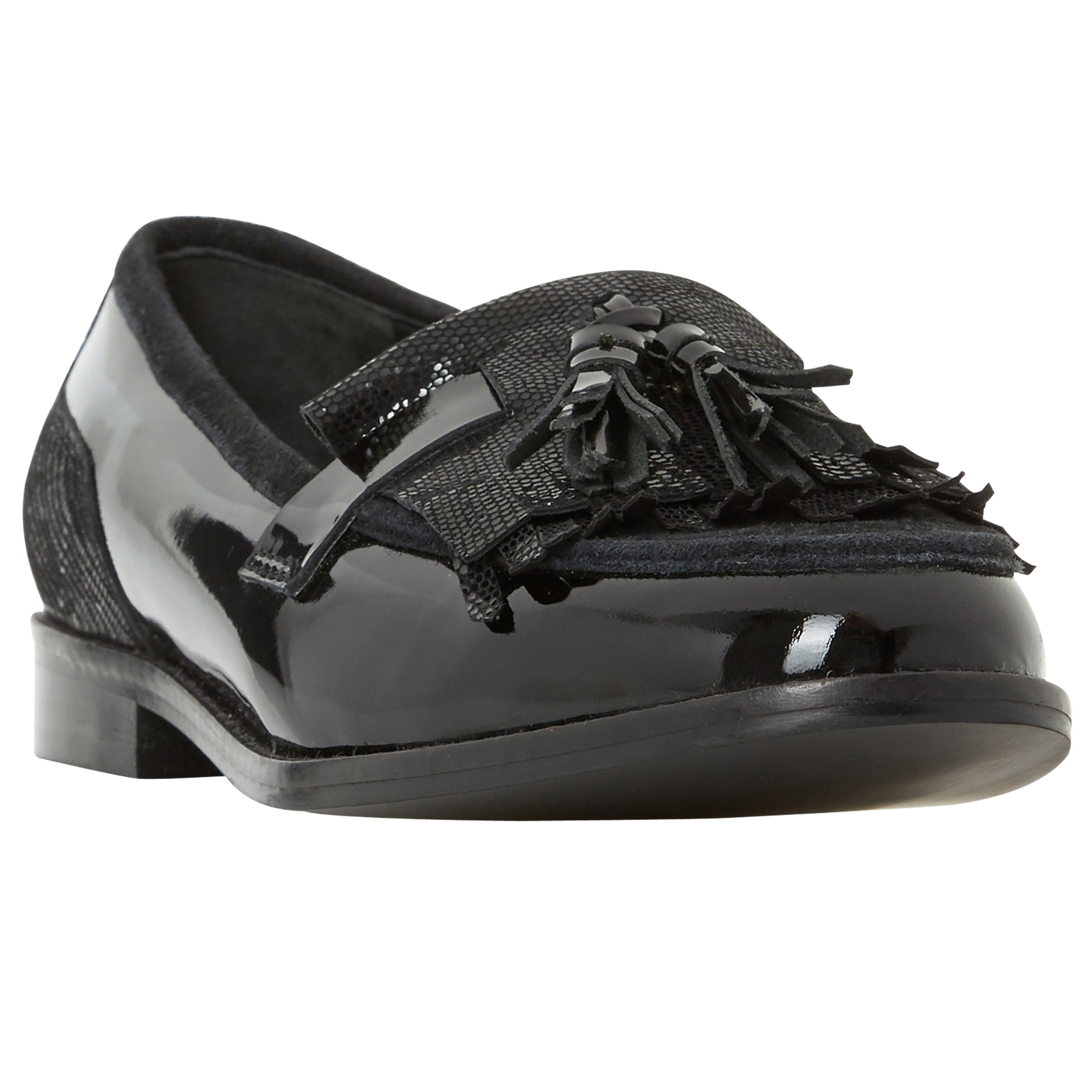 Dune Wide Fit Goodie Fringed Loafers, Black Patent