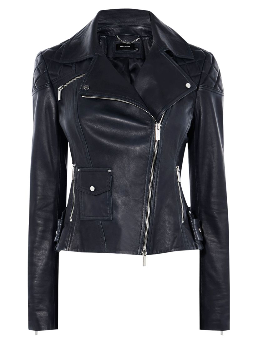 Karen Millen Leather Biker Jacket, Navy