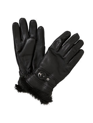 John Lewis Fur Trim Thermal Leather Gloves, Black
