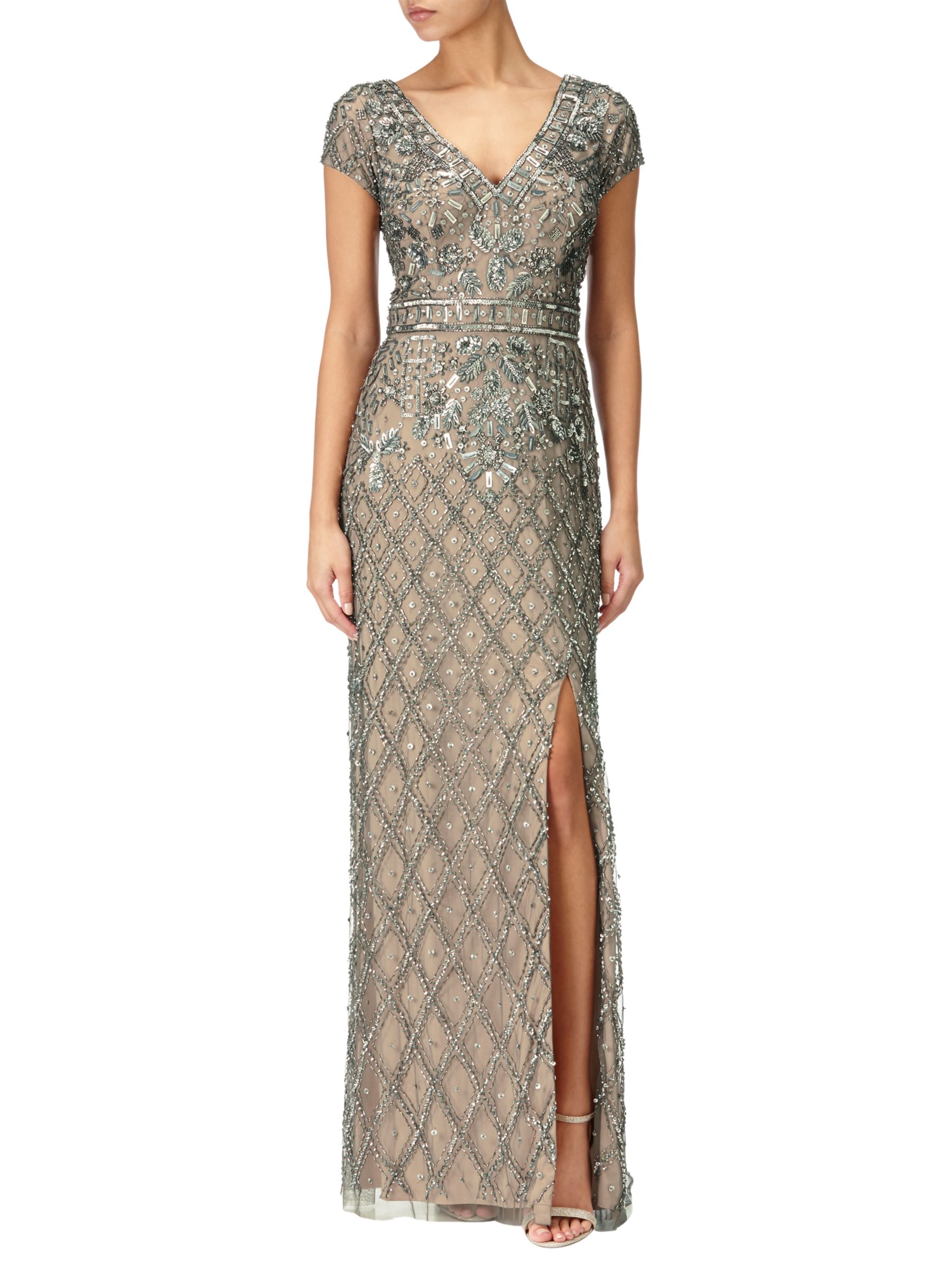 Adrianna Papell Beaded Deep V-Neck Gown, Lead/Nude