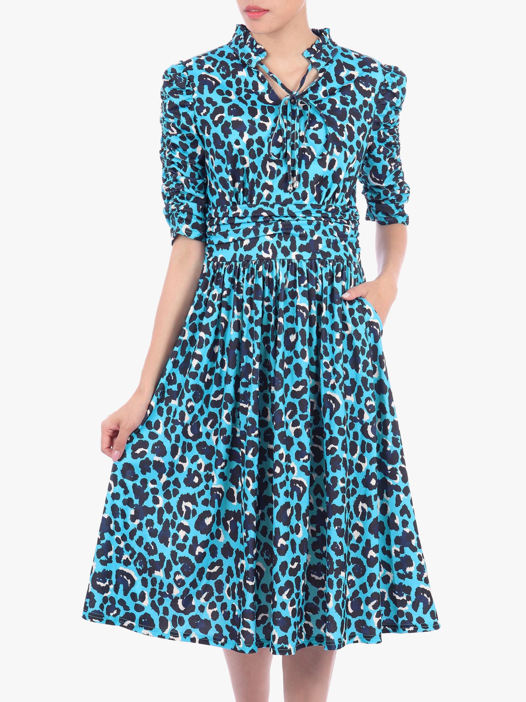 blue animal print midi dress