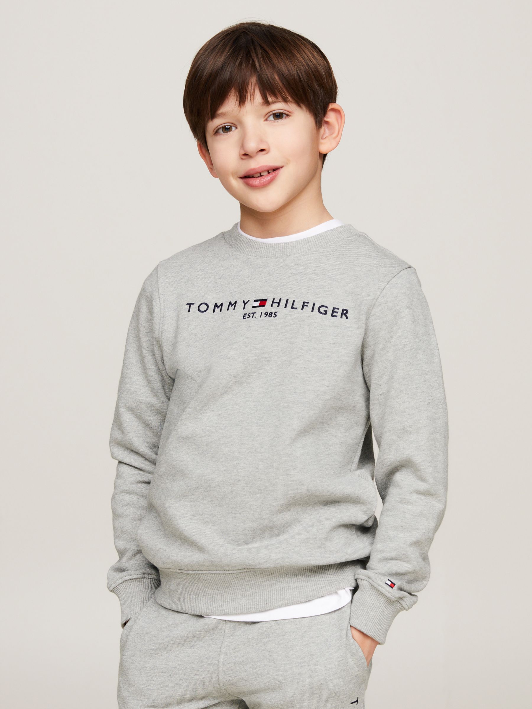 consonant Current overlook Tommy Hilfiger Kids' Essential Organic Cotton Logo Sweatshirt, Light Grey  Heather at John Lewis & Partners
