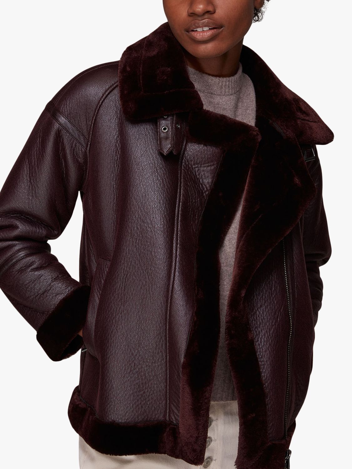 Whistles Lauren Faux Fur Leather Biker Jacket, Burgundy at John Lewis &  Partners