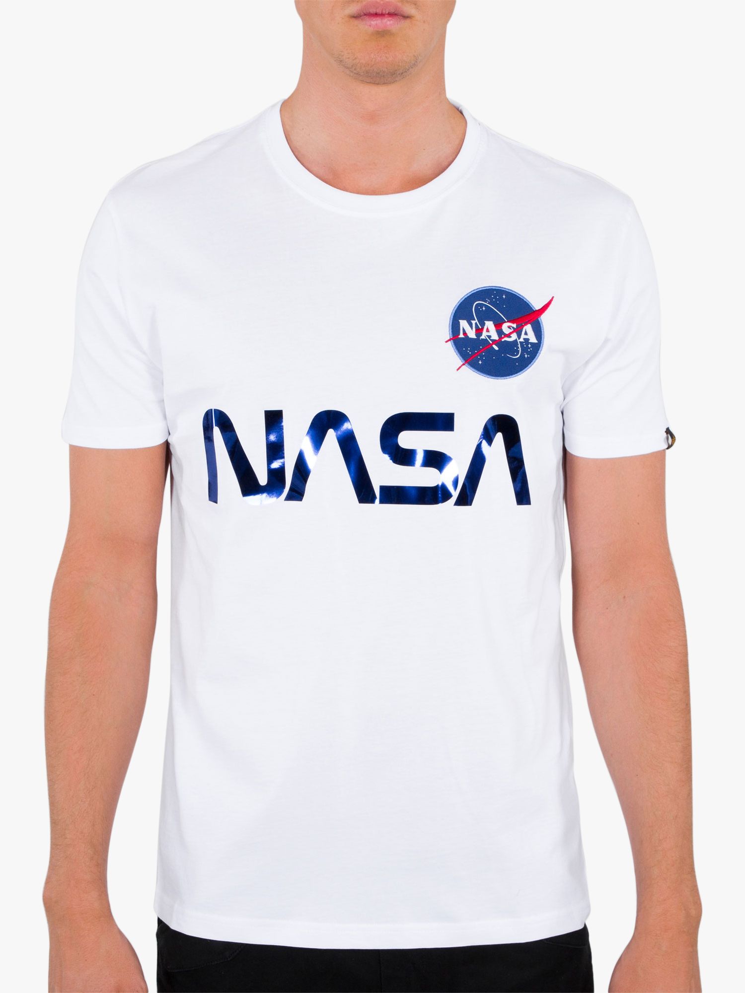 Alpha Industries X NASA Reflective Logo John Lewis White/Blue & Partners T-Shirt, Crew 90 Neck at