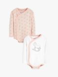 The Little Tailor Baby Rocking Horse Print Long Sleeve Bodysuit, Pack of 2, Pink/White