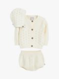 The Little Tailor Baby Three Piece Cardigan, Bloomer & Bonnet Set, Cream