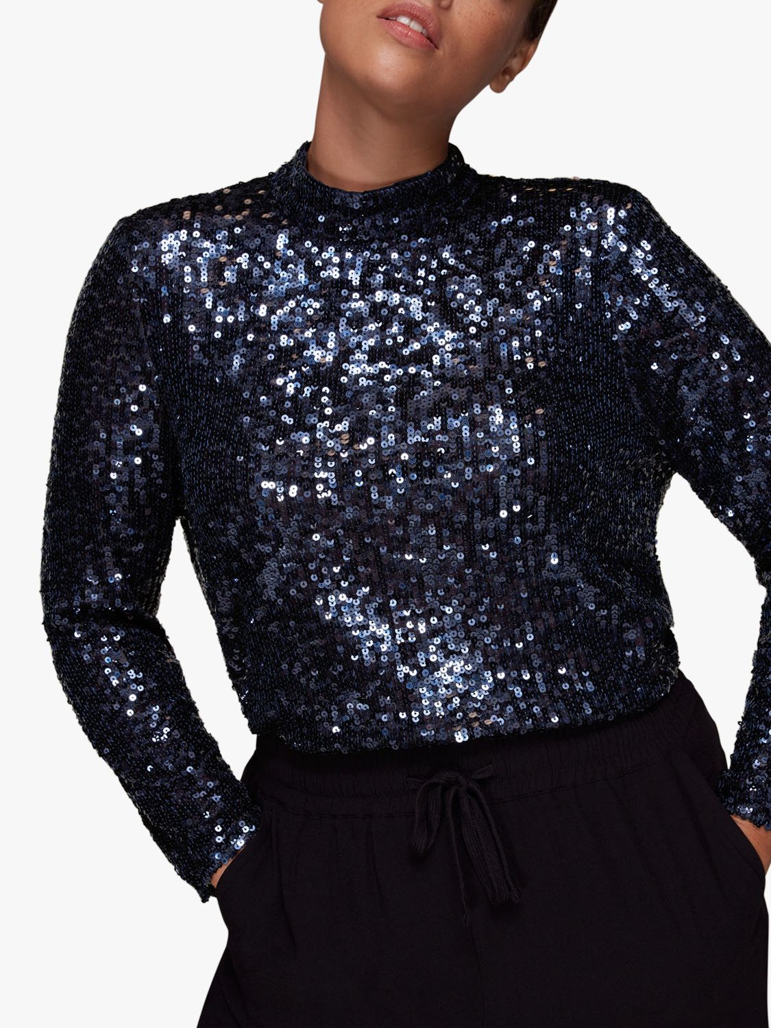 Whistles High Neck Sequin Top, Navy at ...