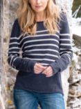 Celtic & Co. Crew Neck Merino Wool Stripe Jumper, Navy/Ecru