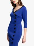 HotSquash 50s Silky Trimmed Button Wiggle Dress, Blue/Multi