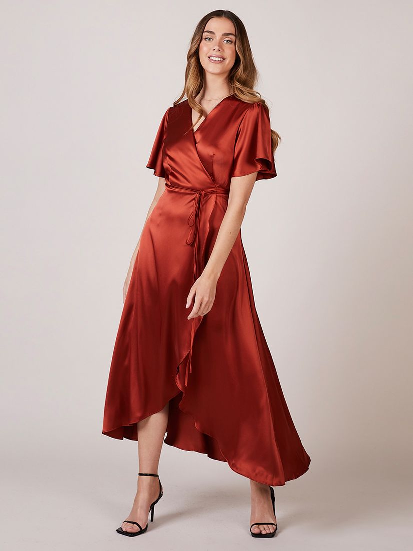 Rewritten Florence Waterfall Hem Satin Wrap Dress, Burnt Orange at John  Lewis & Partners