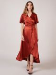 Rewritten Florence Waterfall Hem Satin Wrap Dress, Burnt Orange