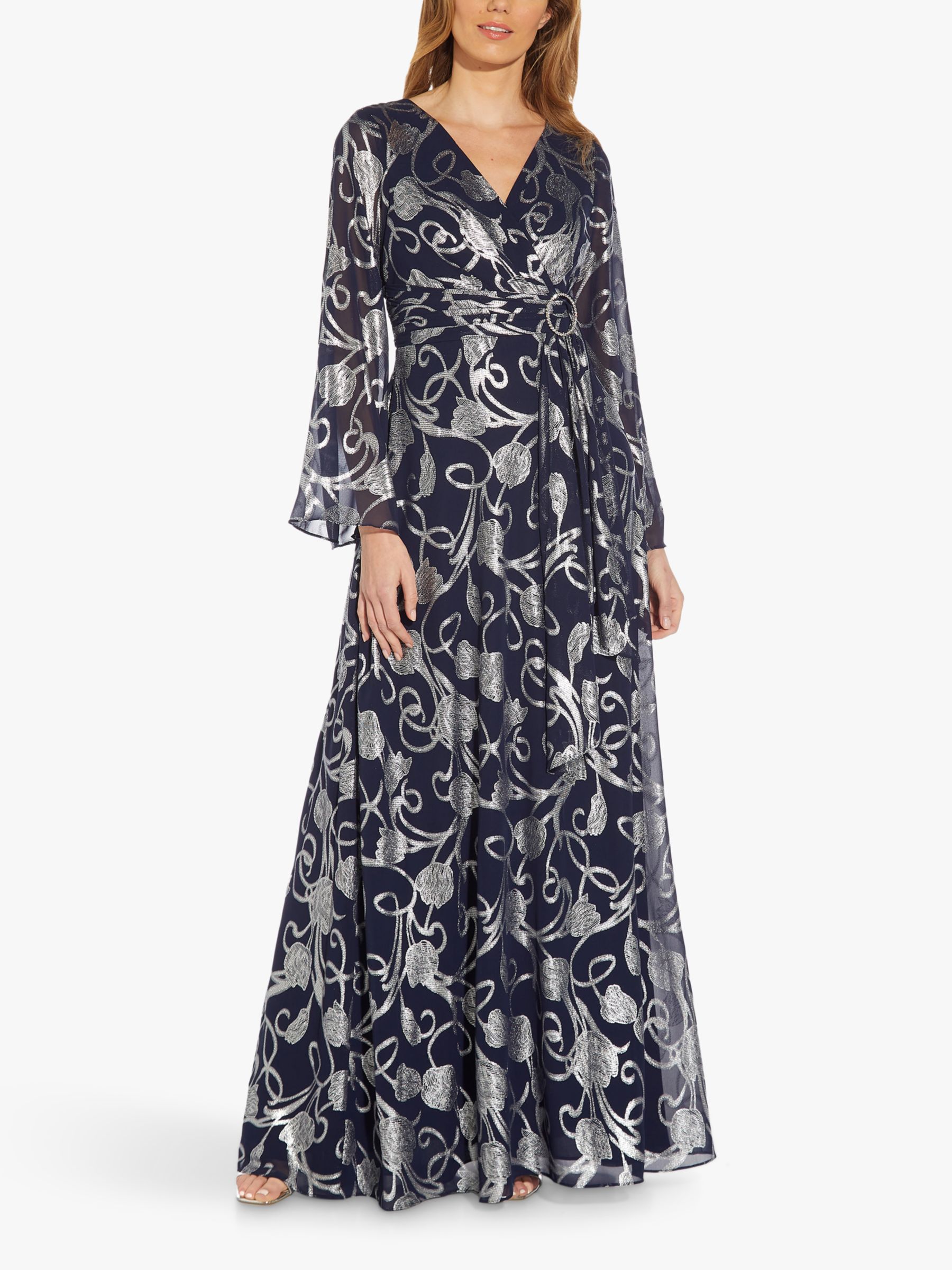 Adrianna Papell Foil Print Floral Chiffon Maxi Dress, Navy/Silver at John  Lewis  Partners