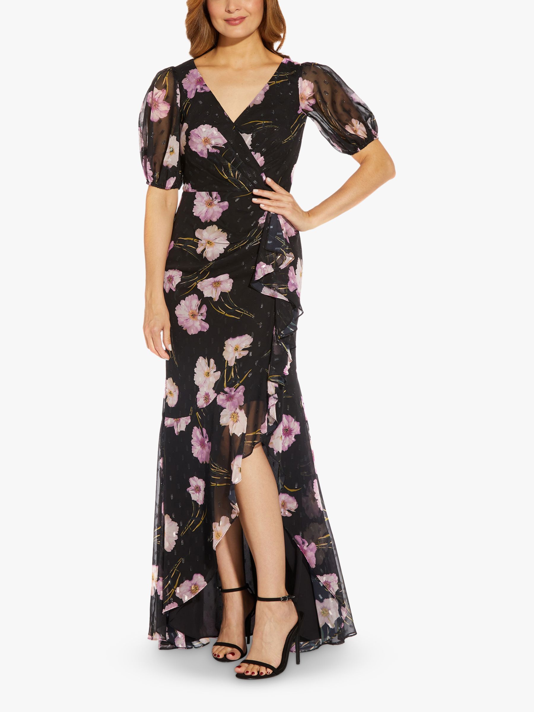 Adrianna Papell Floral Chiffon Dress, Black/Multi at John Lewis \u0026 Partners