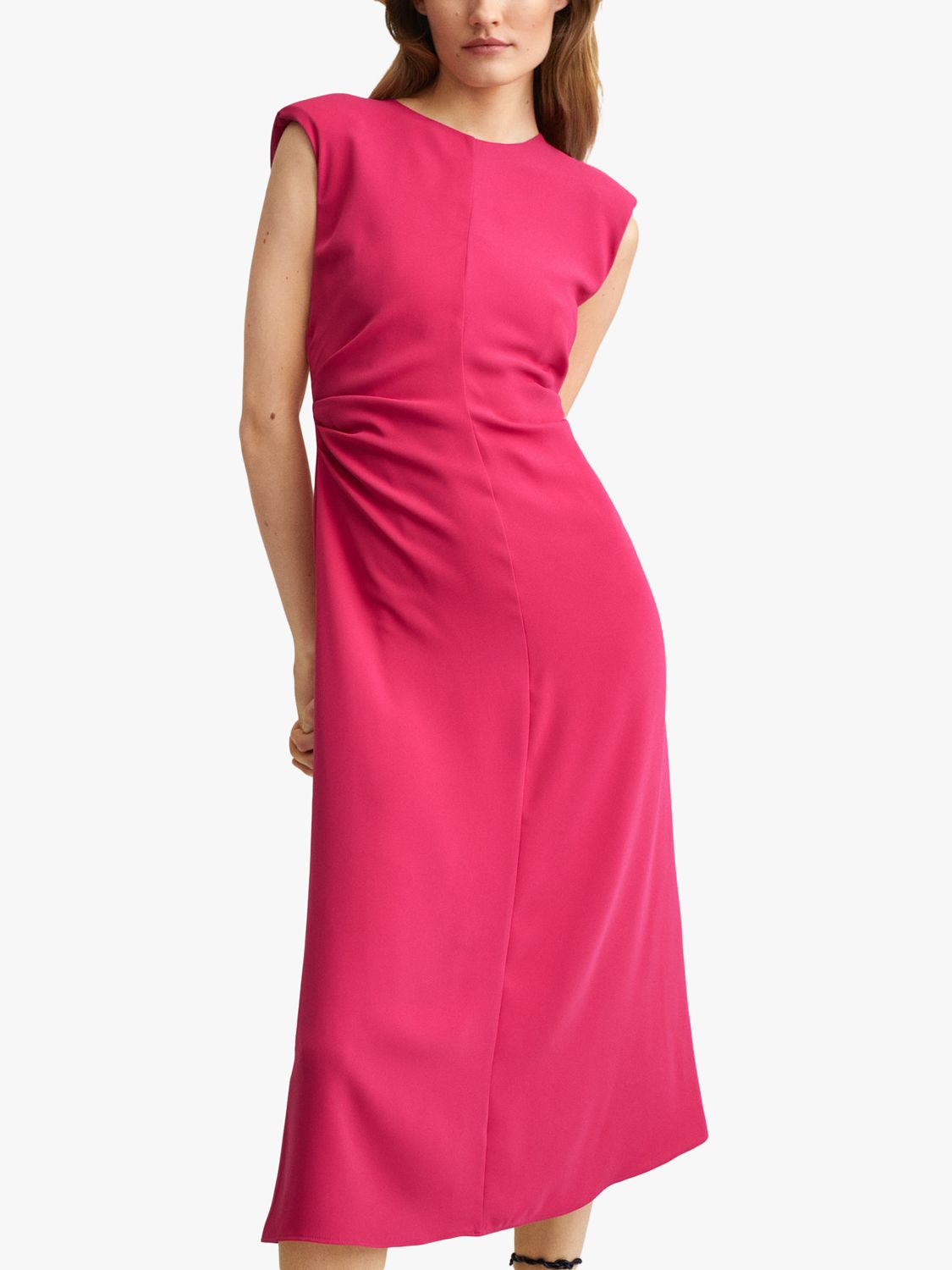 Mango Delia Gathered Midi Dress, Bright Pink at John Lewis \u0026 Partners