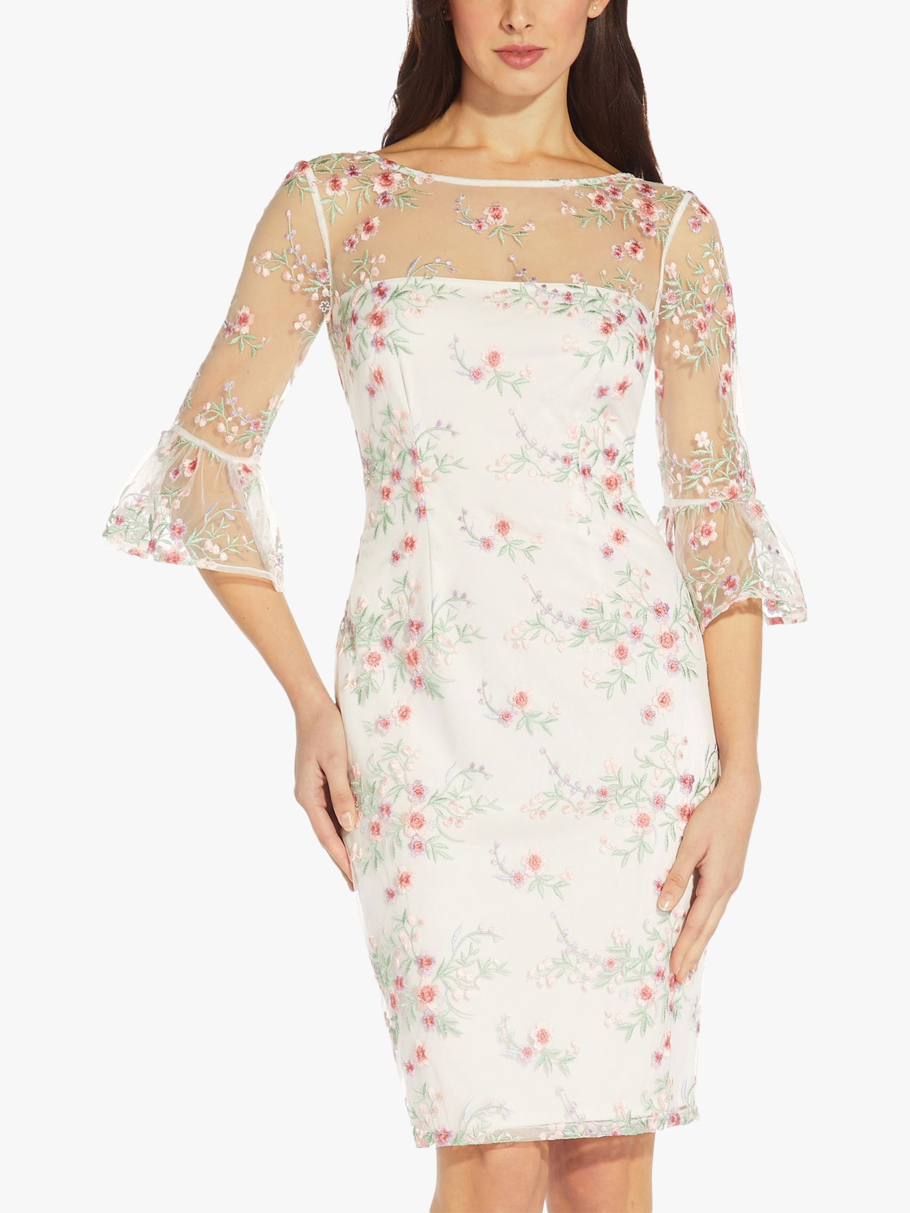Adrianna Papell Floral Embroidered Bell Sleeve Dress, Pink/Multi, 12