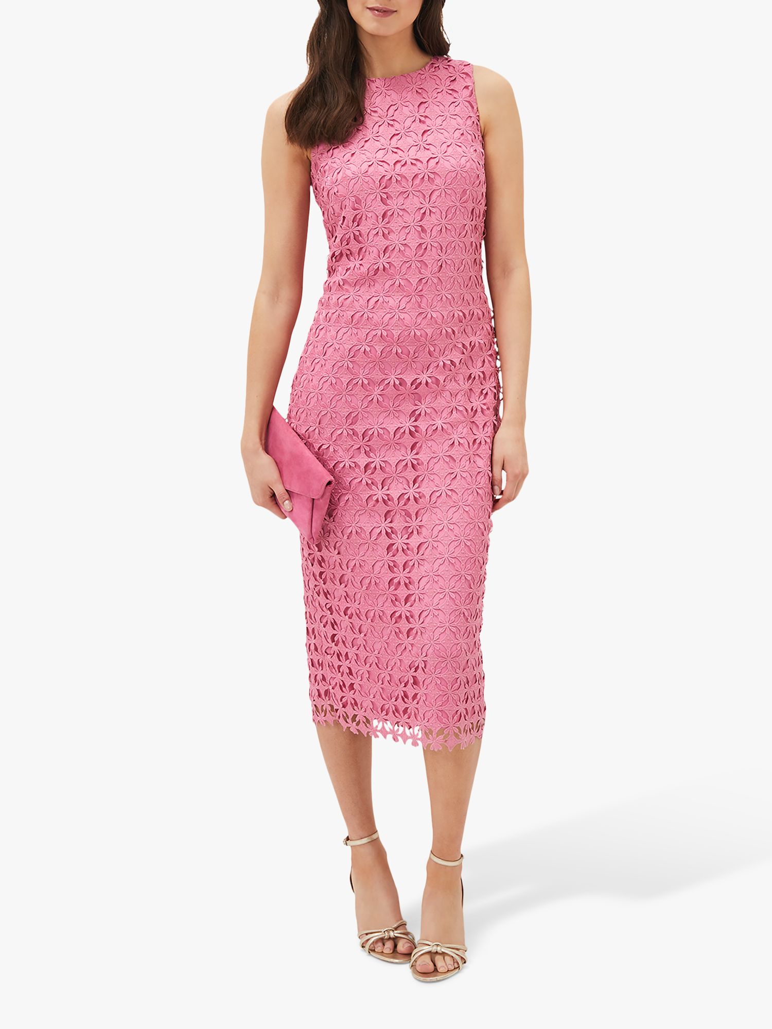 Phase Eight Novah Lace Midi Dress, Candy Pink, 20