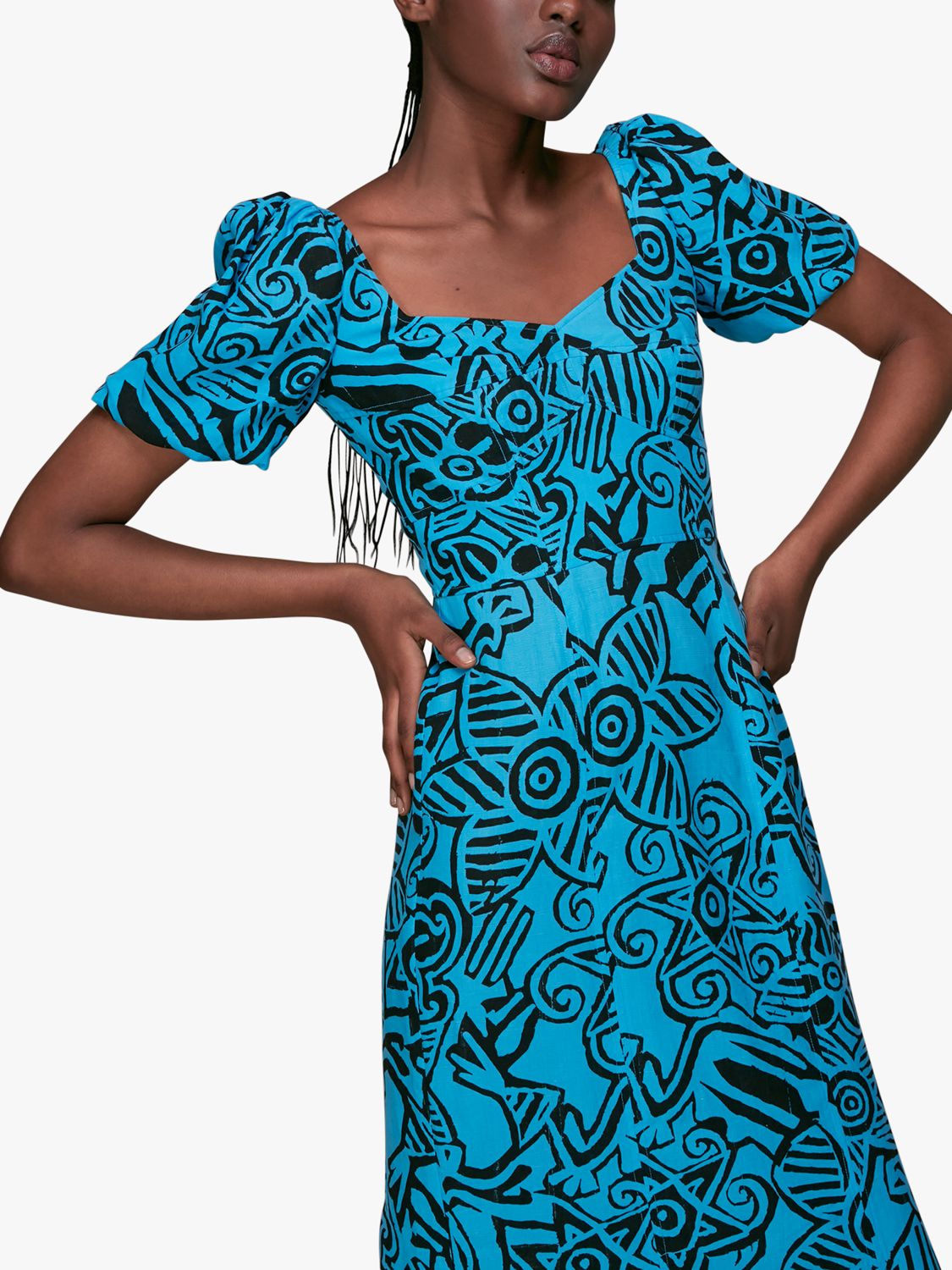 Whistles Starflower Print Puff Sleeve Linen Blend Midi Dress, Blue/Multi at  John Lewis  Partners