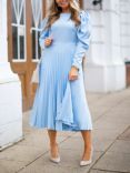 Closet London Puff Sleeve Pleated Midi Dress, Light Blue