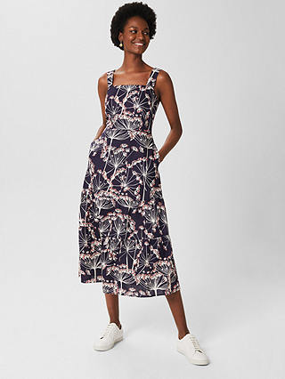 Hobbs Lynley Floral Print Linen Midi Dress, Navy/Multi