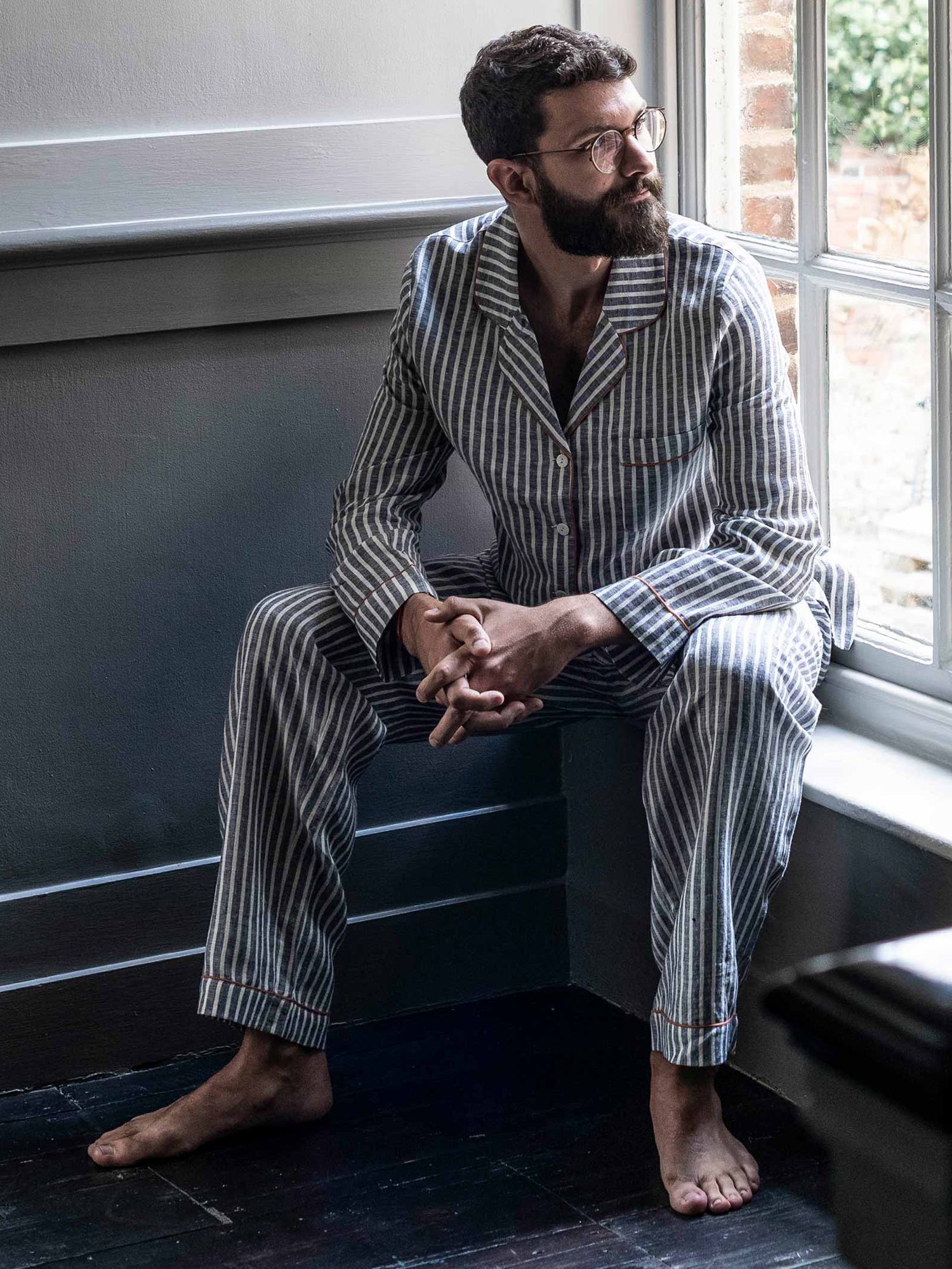 Piglet in Bed Stripe Linen Pyjama Set, Midnight at John Lewis & Partners
