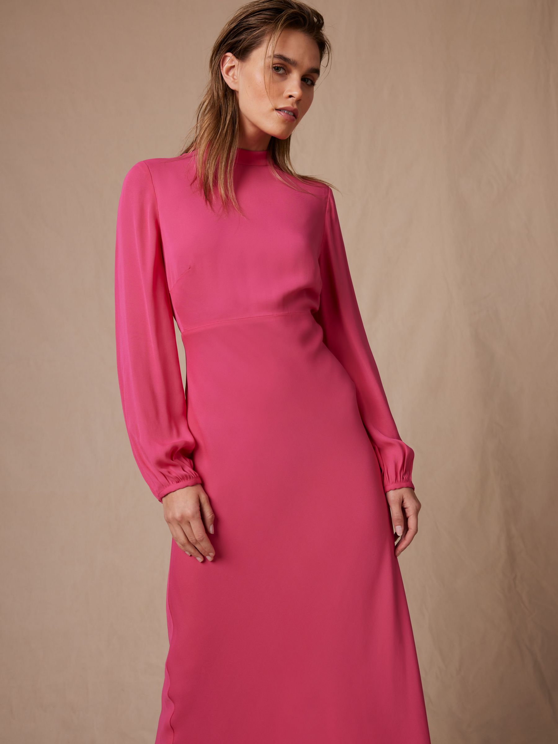 Mint Velvet High Neckline Midi Dress, Pink/Multi, 8