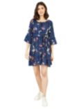 Mela London Floral Bardot Frill Skater Mini Dress, Navy/Multi