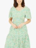 Mela London Daisy Ruched Puff Sleeve Midi Dress, Green/Multi