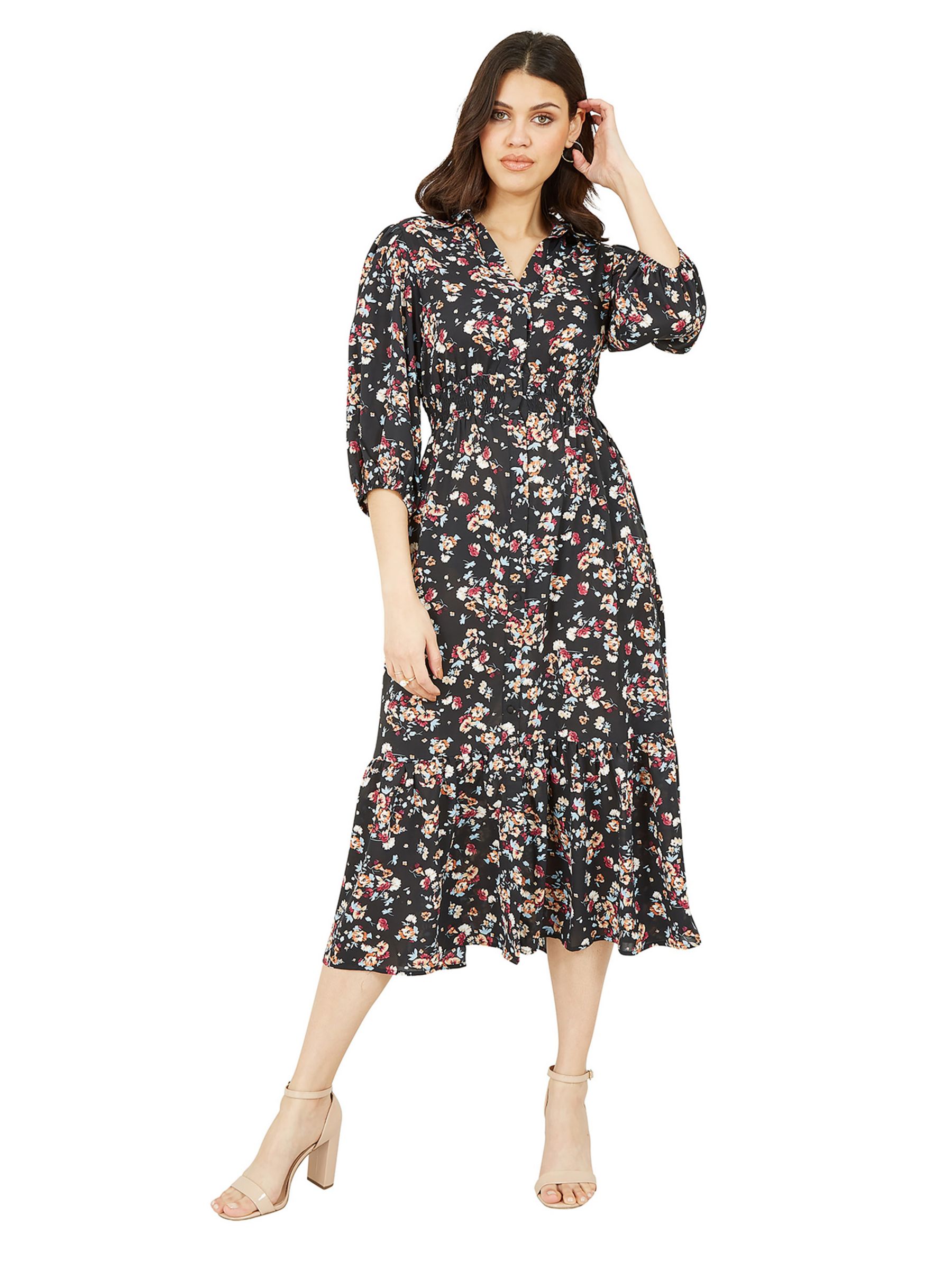 Yumi Floral Midi Shirt Dress, Black/Multi at John Lewis & Partners