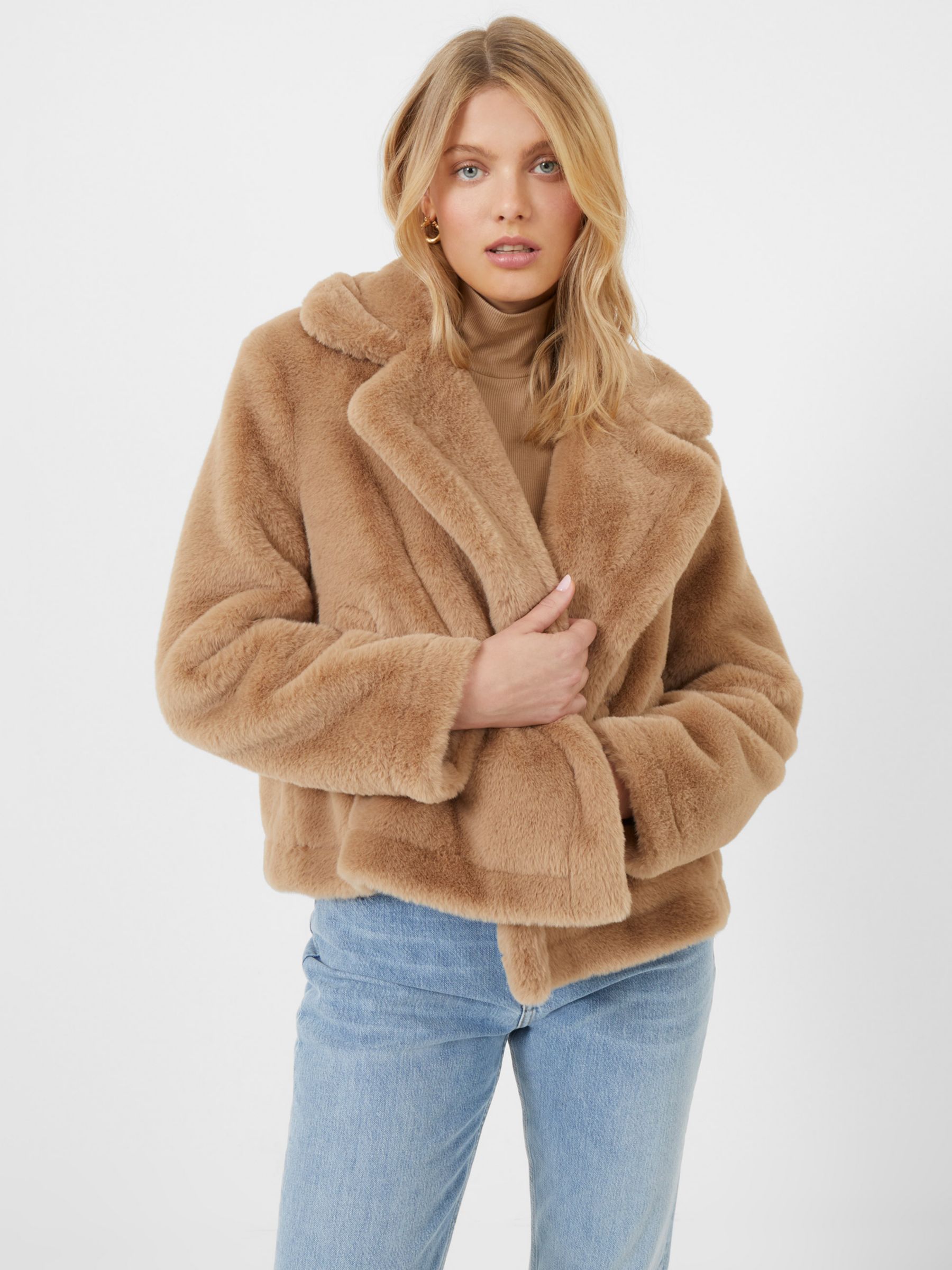French Connection Buona Short Faux Fur Coat, Camel
