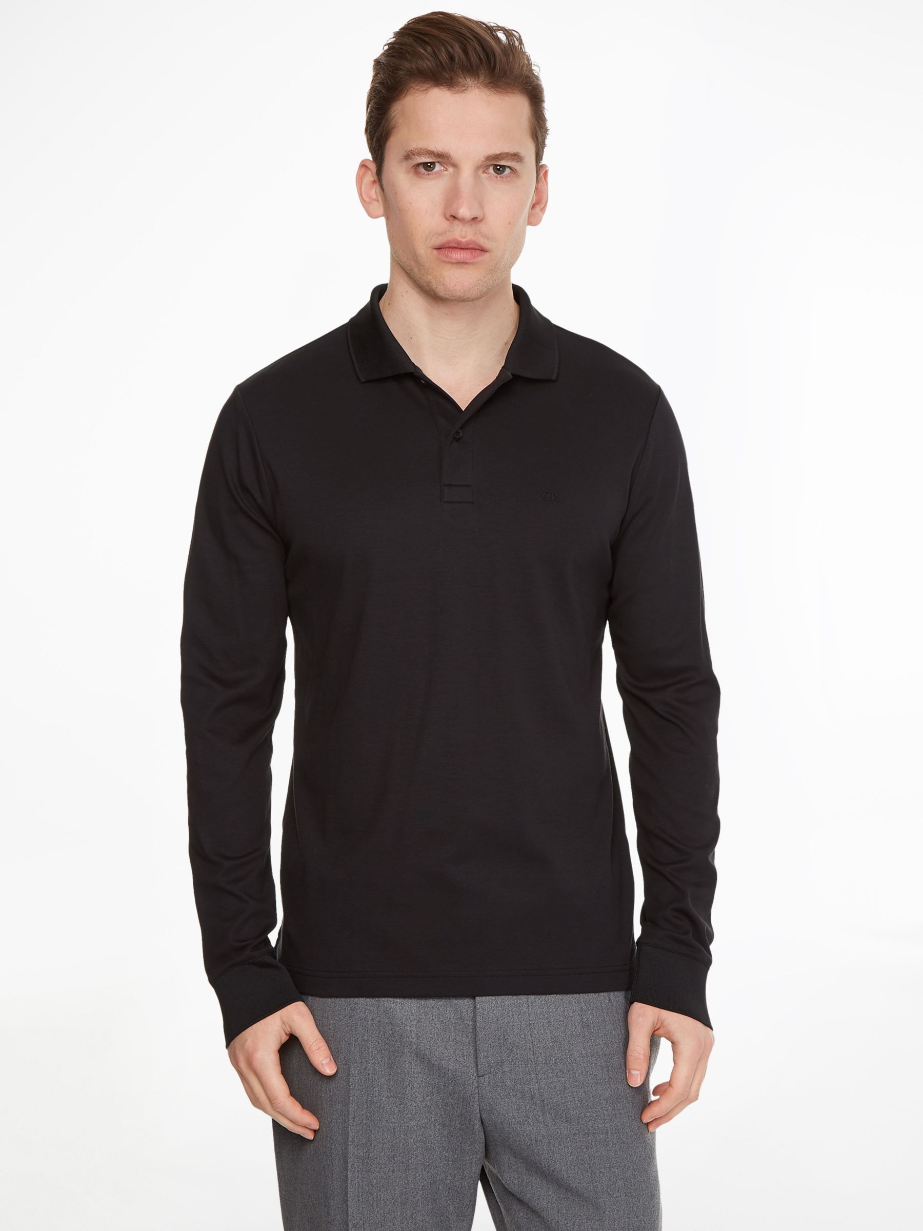 Calvin Klein Slim Fit Plain Embroidered Logo Long Sleeve Polo Shirt, Black  at John Lewis & Partners
