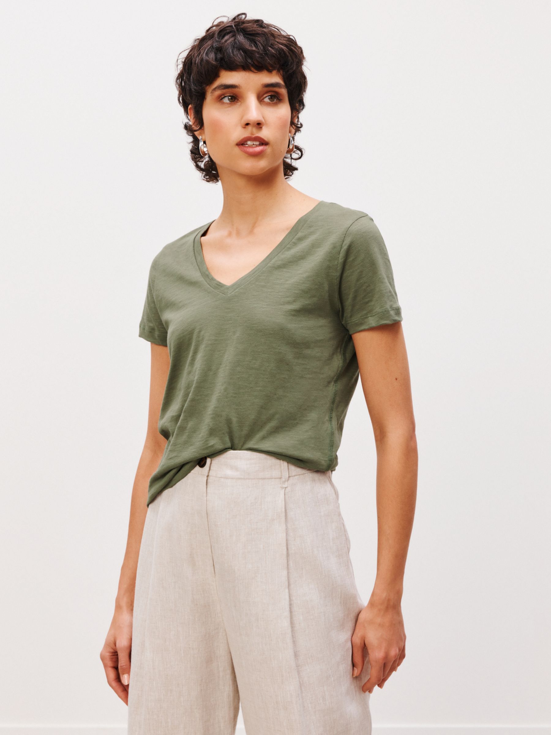 John Lewis V-Neck Cotton Slub T-Shirt, Khaki/White at John Lewis