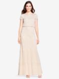 Adrianna Papell Blouson Beaded Evening Maxi Dress, Silver/Nude