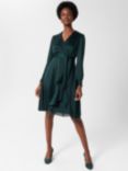 Hobbs Sally Satin Wrap Knee Length Dress, Evergreen