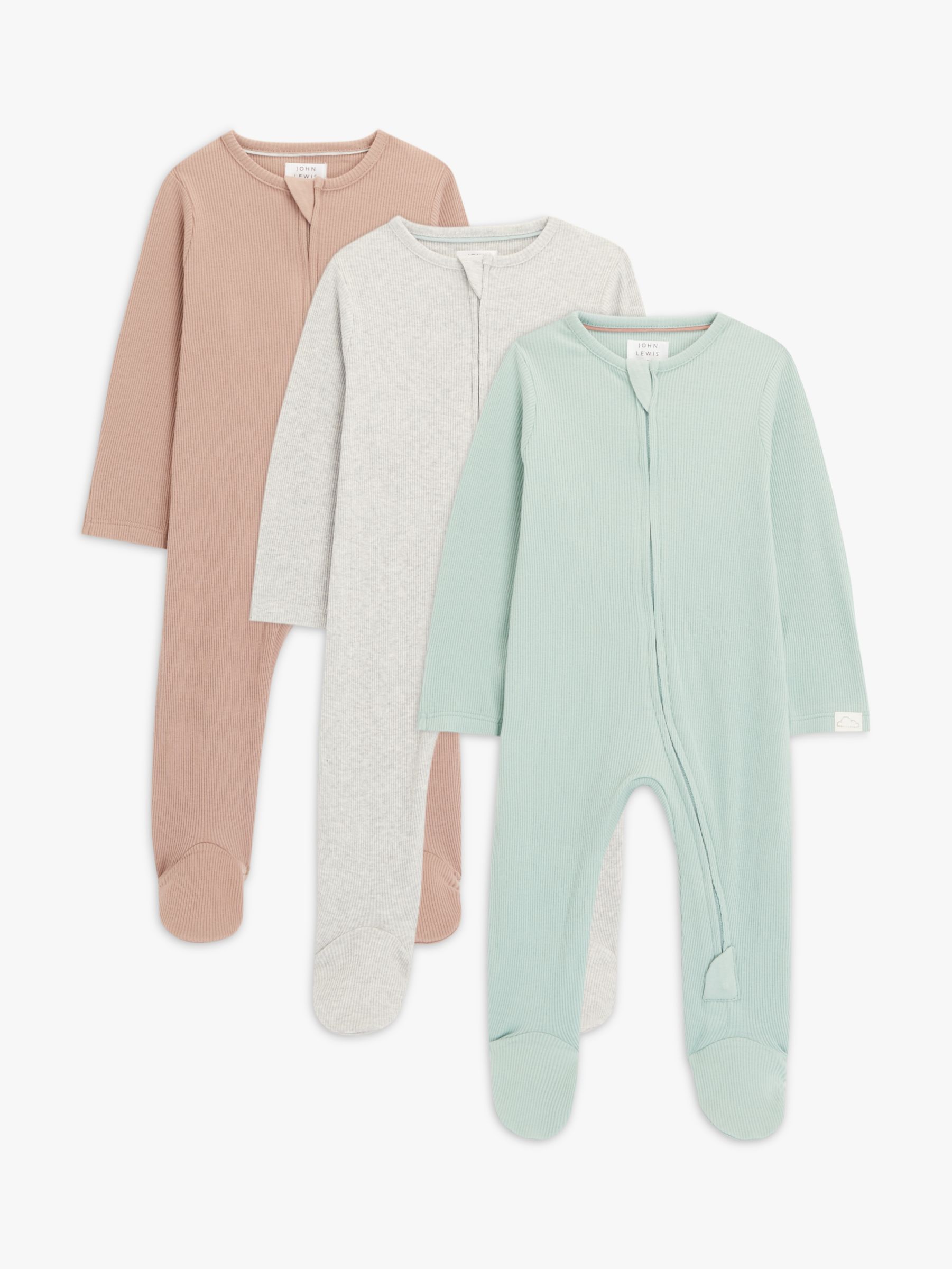 John Lewis Baby GOTS Organic Cotton Ribbed Two-Way Zip Sleepsuit, Pack of 3, Pastels