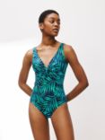 John Lewis Nassau Twist Front Leaf Print Swimsuit, Navy/Green