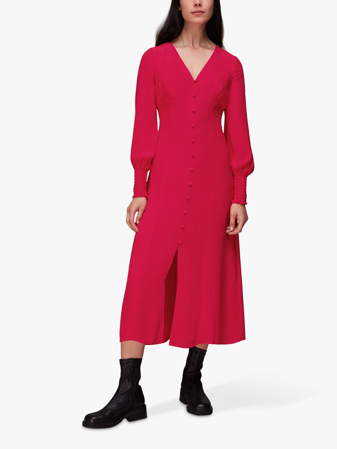 Whistles Iiana Shirred Midi Dress, Pink at John Lewis & Partners