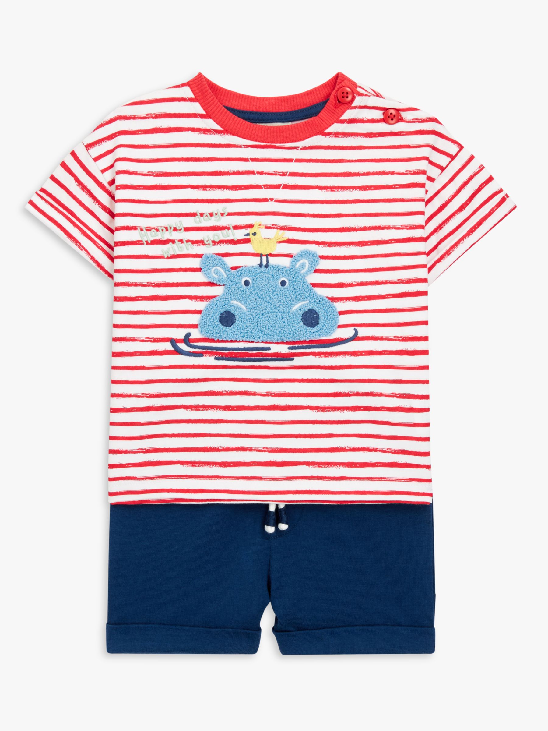 John Lewis Baby Embroidered Stripe Hippo Tee & Shorts Set, Multi