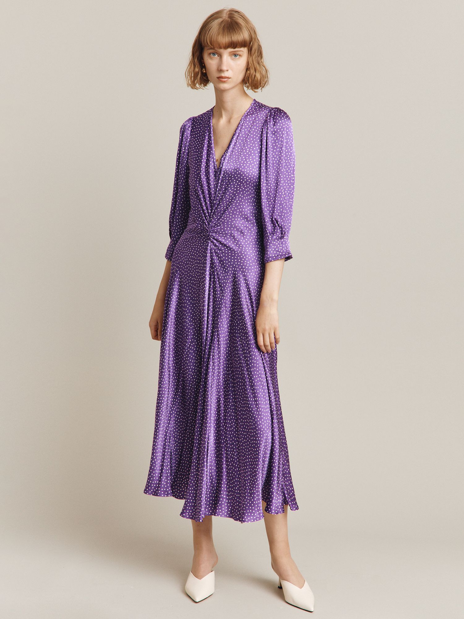 Ghost Louisa Spot Print Satin Midi Dress, Purple, L