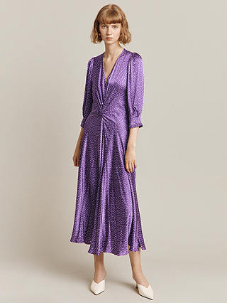 Ghost Louisa Spot Print Satin Midi Dress, Purple