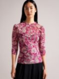 Ted Baker Izabelo Printed Mesh Frill Top, Bright Pink
