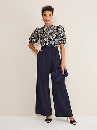 Phase Eight Caitlin Lace Bodice Wide Leg Jumpsuit, Navy/Ivory