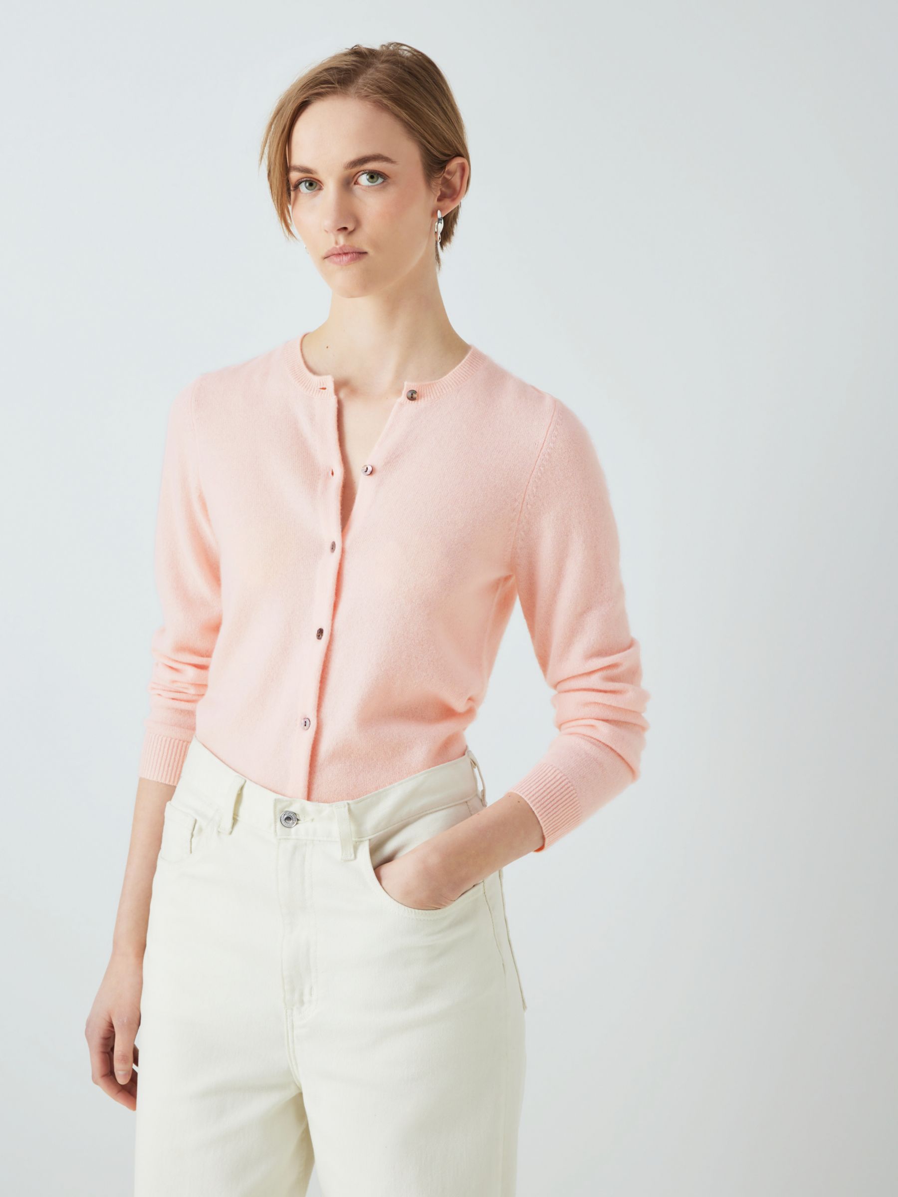 John Lewis Cashmere Crew Neck Cardigan, Light Pink at John Lewis 