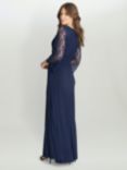 Gina Bacconi Atalanta Sequin Lace Sleeved Maxi Dress, Navy, Navy